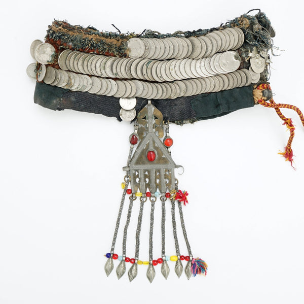 Turkoman head dress with two metal and glass pendants